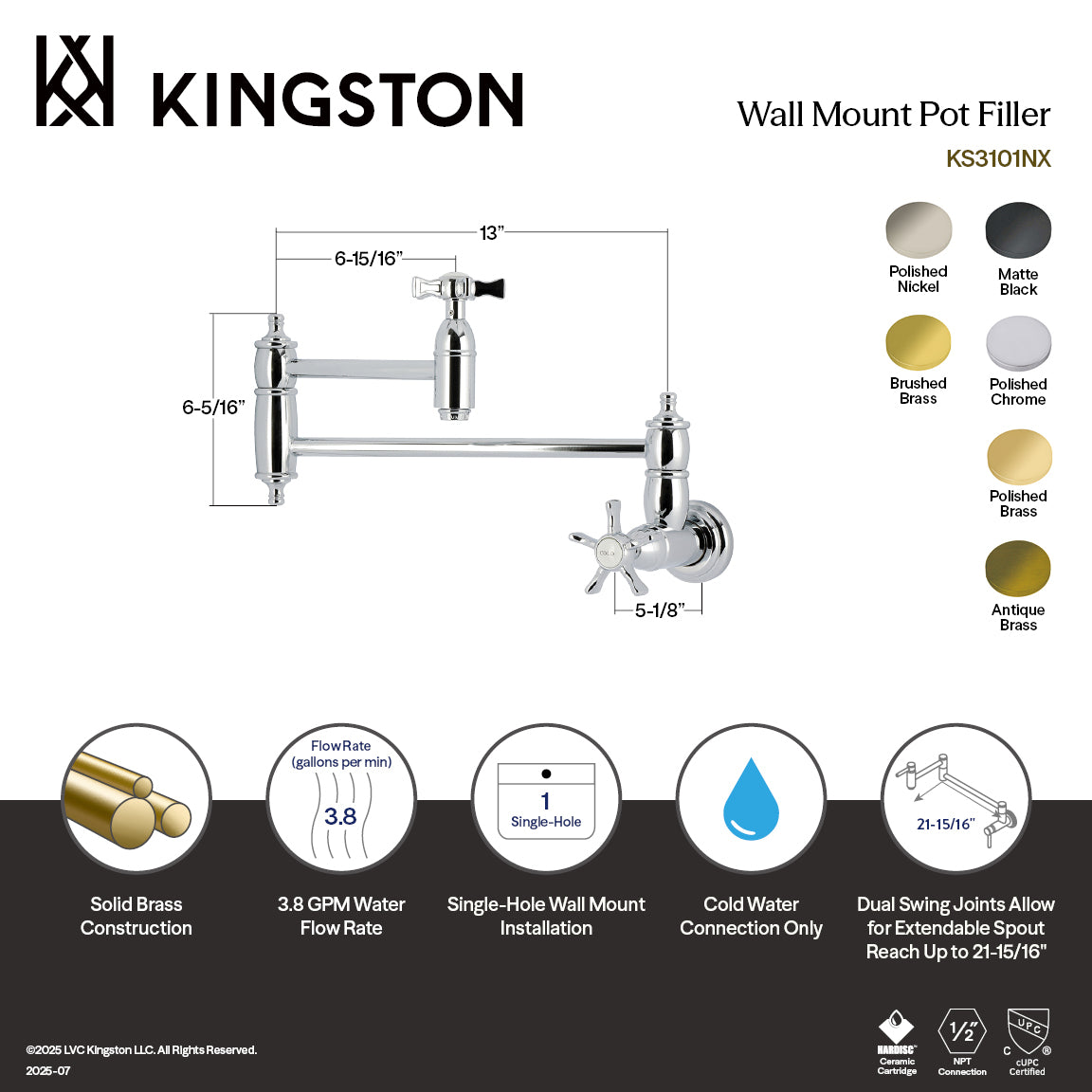 Kingston Heirloom KS3102NX - Hamilton Two-Handle 1-Hole Wall Mount Pot Filler Faucet, Polished Brass — thumbnail 2